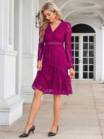 V-Neck Long Sleeve Knee Length Bridesmaid Dress With Waist Cinched