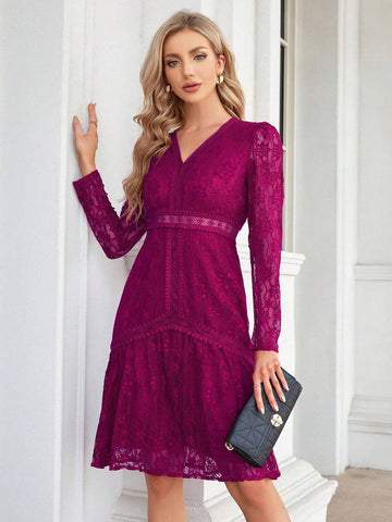 V-Neck Long Sleeve Knee Length Bridesmaid Dress With Waist Cinched