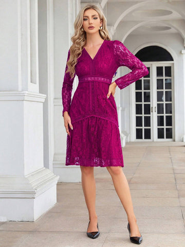 V-Neck Long Sleeve Knee Length Bridesmaid Dress With Waist Cinched
