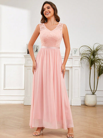 V-Neck Long Tulle Long Bridesmaid Dress Elegant Party Dress