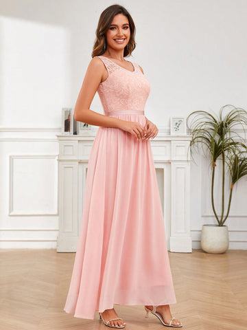 V-Neck Long Tulle Long Bridesmaid Dress Elegant Party Dress