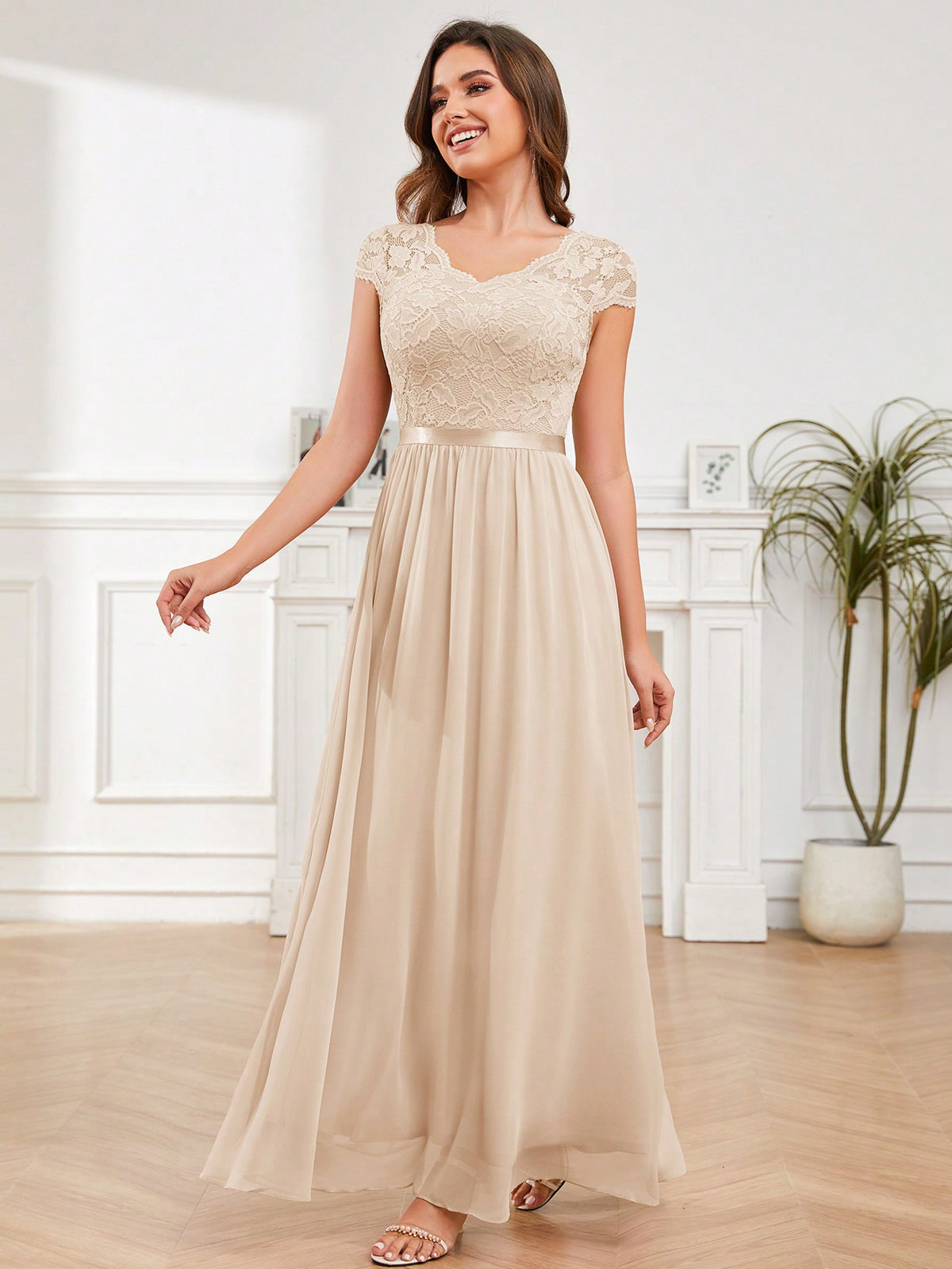 V-Neck Long Tulle Long Bridesmaid Dress