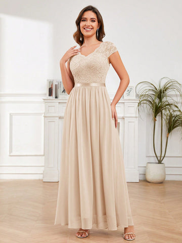 V-Neck Long Tulle Long Bridesmaid Dress