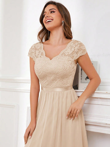 V-Neck Long Tulle Long Bridesmaid Dress