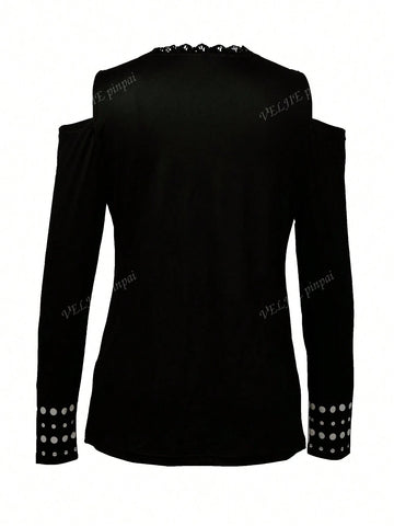 Open Shoulder Halloween Skeleton Print Long Sleeve T-Shirt