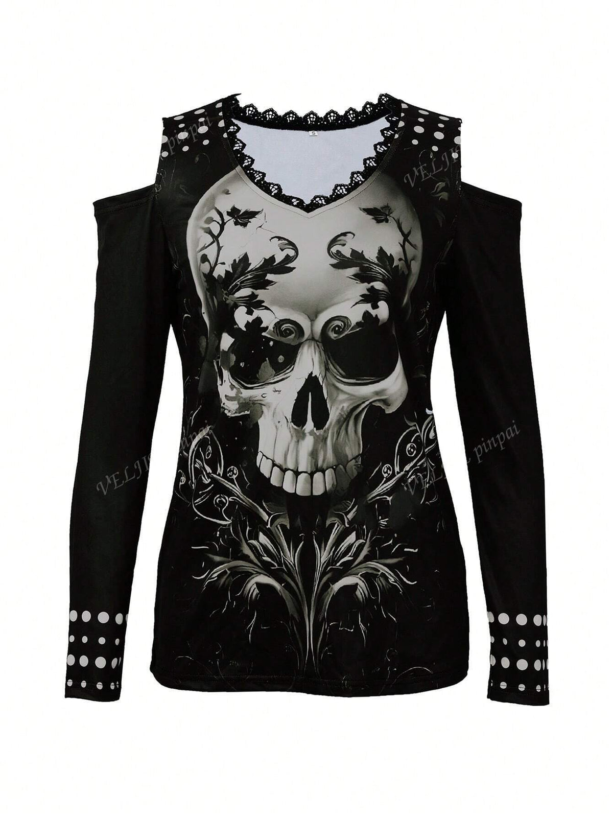 Open Shoulder Halloween Skeleton Print Long Sleeve T-Shirt