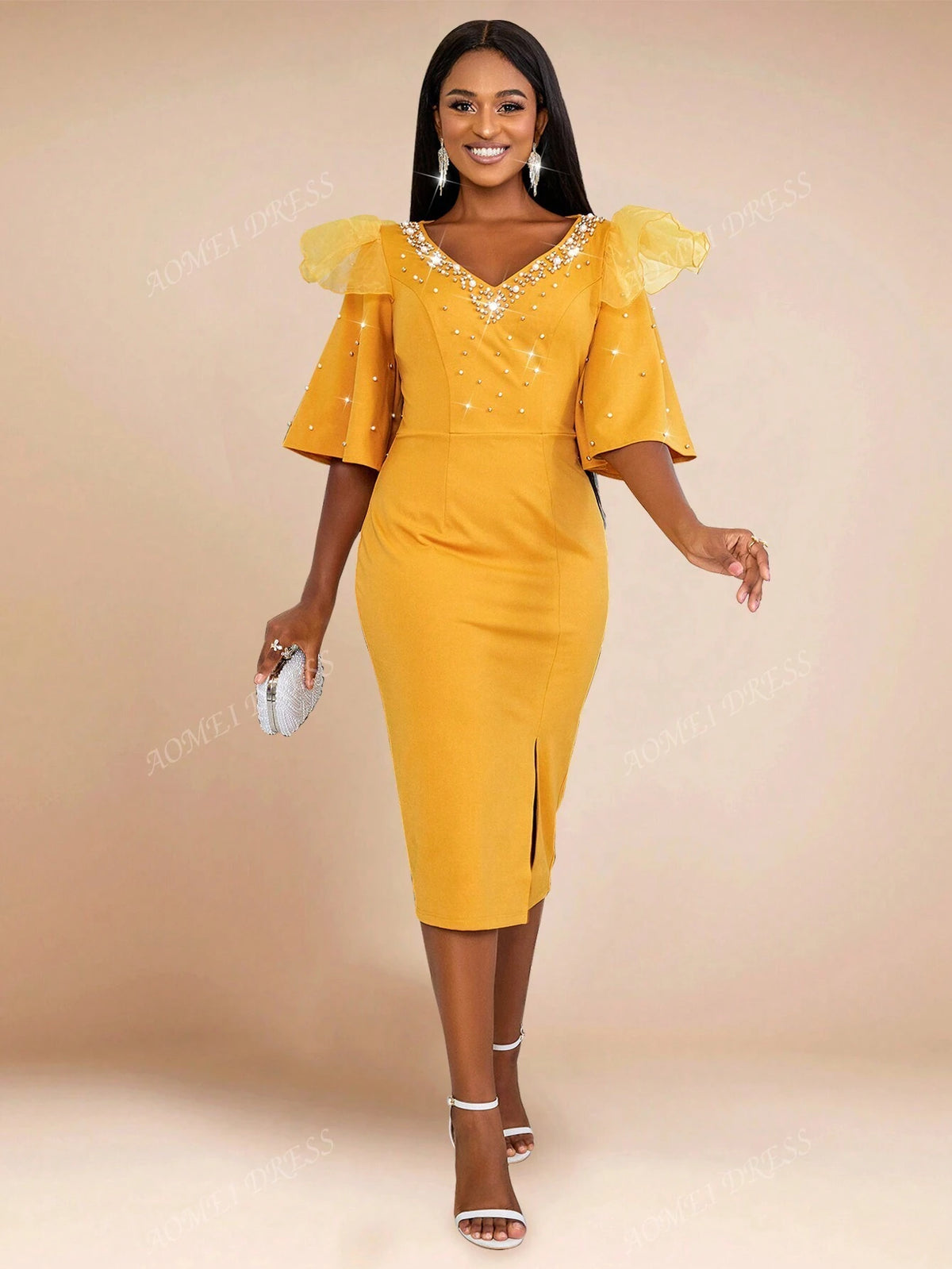 V-Neck Pearl Beaded Ruffled Sleeve Fitted Dress