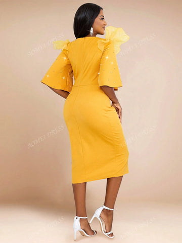 V-Neck Pearl Beaded Ruffled Sleeve Fitted Dress