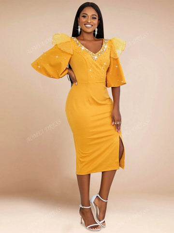 V-Neck Pearl Beaded Ruffled Sleeve Fitted Dress