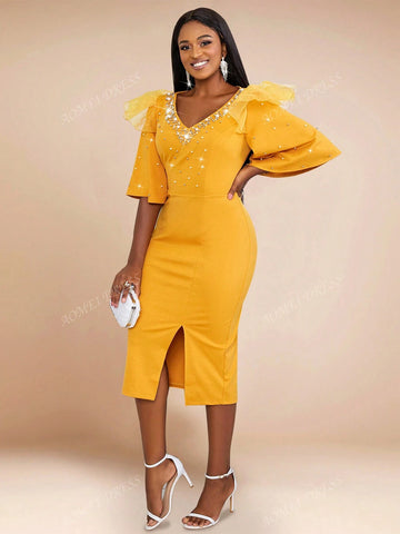 V-Neck Pearl Beaded Ruffled Sleeve Fitted Dress