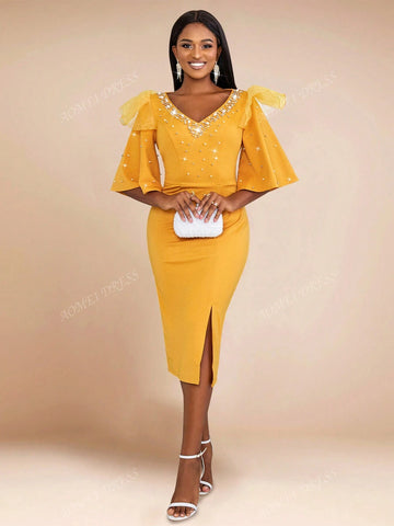 V-Neck Pearl Beaded Ruffled Sleeve Fitted Dress