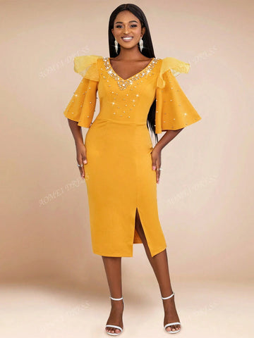 V-Neck Pearl Beaded Ruffled Sleeve Fitted Dress