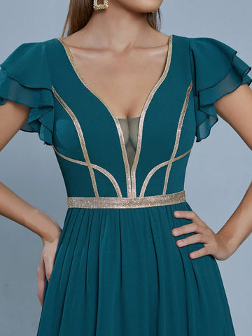 V-Neck Pearl Chiffon Contrast Tape Evening Dress, Wedding Event Dress
