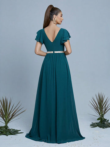 V-Neck Pearl Chiffon Contrast Tape Evening Dress, Wedding Event Dress