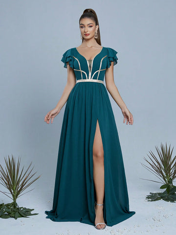 V-Neck Pearl Chiffon Contrast Tape Evening Dress, Wedding Event Dress