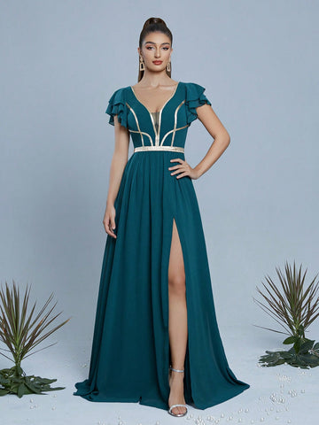 V-Neck Pearl Chiffon Contrast Tape Evening Dress, Wedding Event Dress