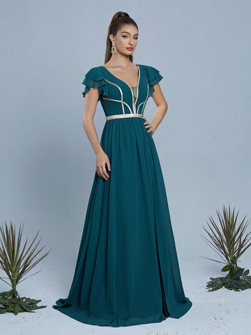V-Neck Pearl Chiffon Contrast Tape Evening Dress, Wedding Event Dress