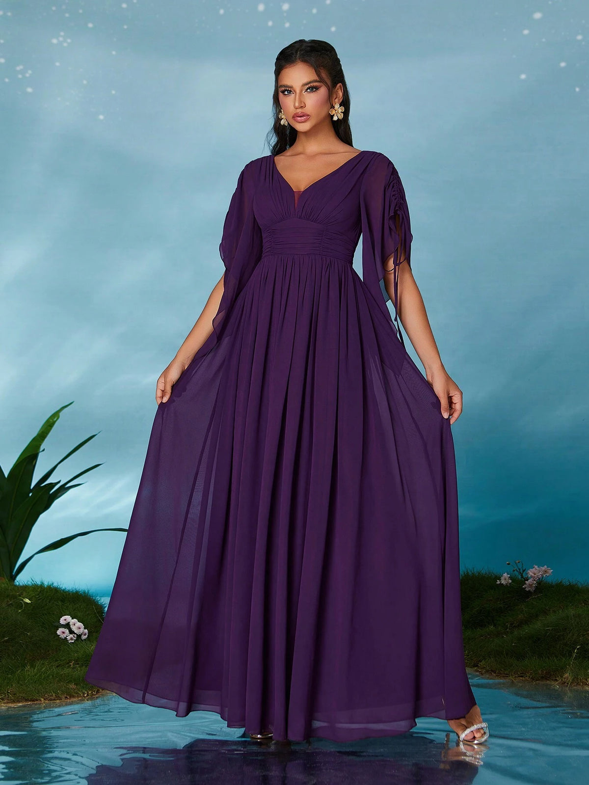 V-Neck Pearl Chiffon Flounce Sleeve Maxi High-End Evening Dress