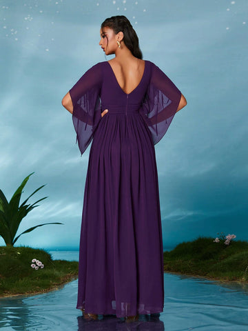V-Neck Pearl Chiffon Flounce Sleeve Maxi High-End Evening Dress