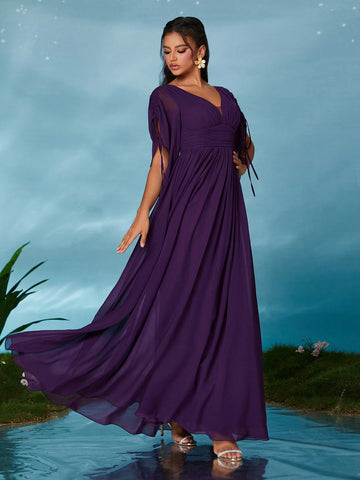 V-Neck Pearl Chiffon Flounce Sleeve Maxi High-End Evening Dress