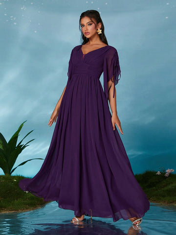 V-Neck Pearl Chiffon Flounce Sleeve Maxi High-End Evening Dress