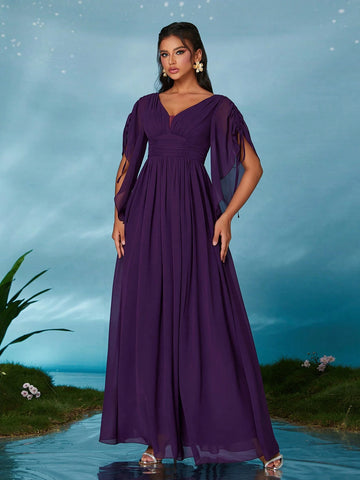 V-Neck Pearl Chiffon Flounce Sleeve Maxi High-End Evening Dress
