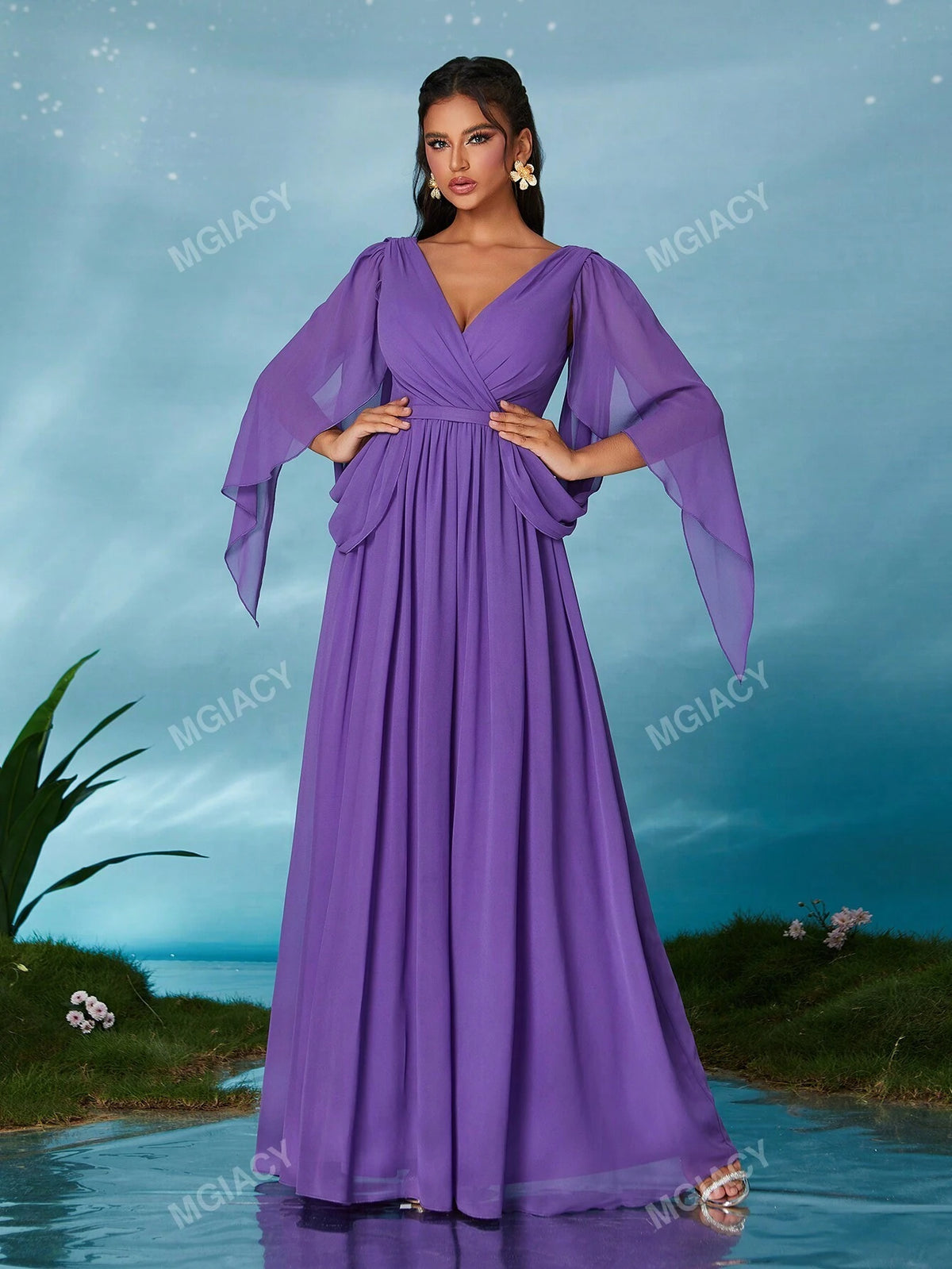 V-Neck Pearl Chiffon Flutter Sleeve Waist Chain High-End Evening Dress