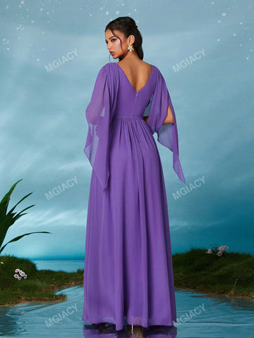 V-Neck Pearl Chiffon Flutter Sleeve Waist Chain High-End Evening Dress