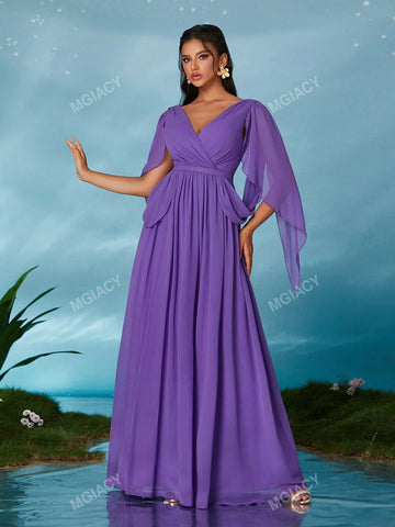 V-Neck Pearl Chiffon Flutter Sleeve Waist Chain High-End Evening Dress