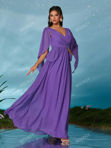 V-Neck Pearl Chiffon Flutter Sleeve Waist Chain High-End Evening Dress