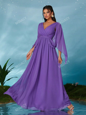 V-Neck Pearl Chiffon Flutter Sleeve Waist Chain High-End Evening Dress