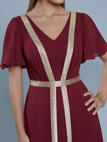 V-Neck Pearl Chiffon Mid Sleeve Flowing Dress, High-End Evening Gown