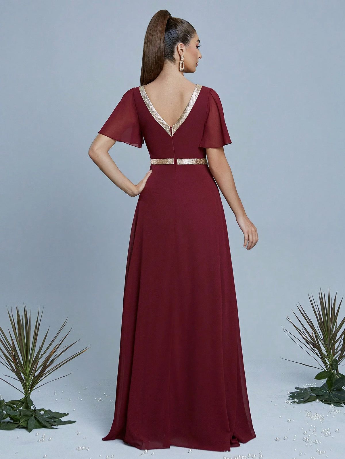 V-Neck Pearl Chiffon Mid Sleeve Flowing Dress, High-End Evening Gown