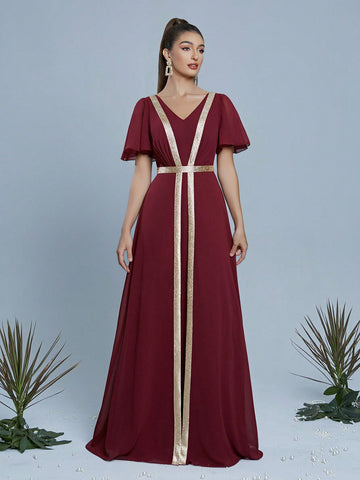 V-Neck Pearl Chiffon Mid Sleeve Flowing Dress, High-End Evening Gown
