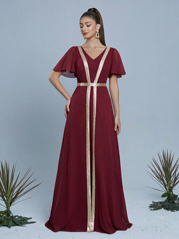 V-Neck Pearl Chiffon Mid Sleeve Flowing Dress, High-End Evening Gown