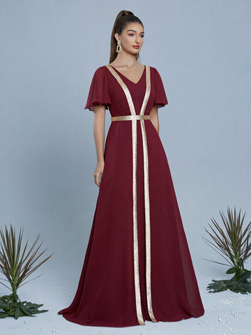V-Neck Pearl Chiffon Mid Sleeve Flowing Dress, High-End Evening Gown