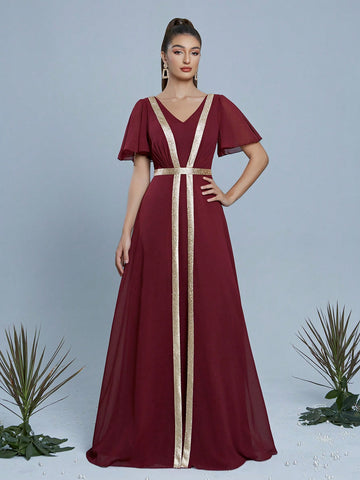 V-Neck Pearl Chiffon Mid Sleeve Flowing Dress, High-End Evening Gown