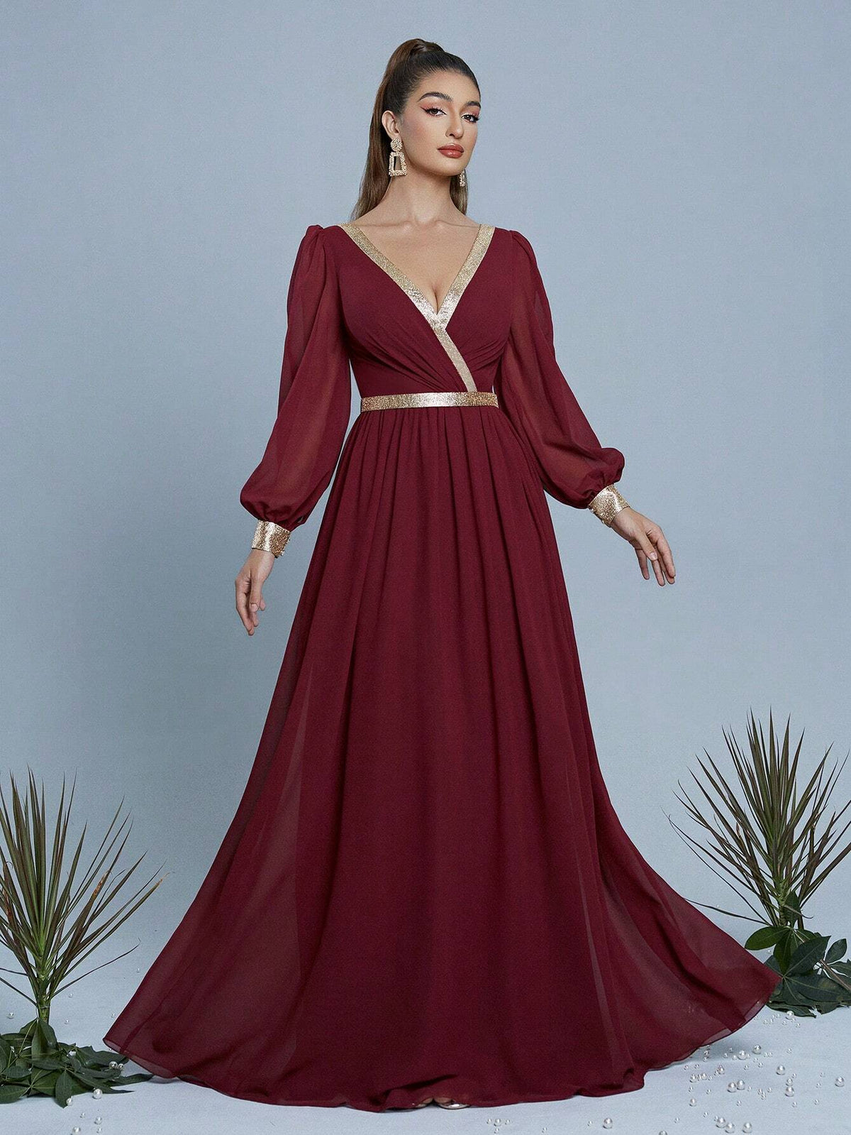 V-Neck Pearl Chiffon Patchwork Gold Material Maxi Formal Dress