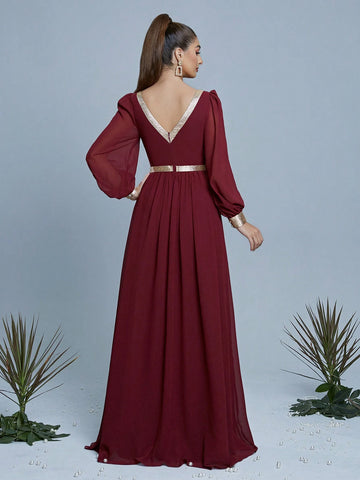 V-Neck Pearl Chiffon Patchwork Gold Material Maxi Formal Dress