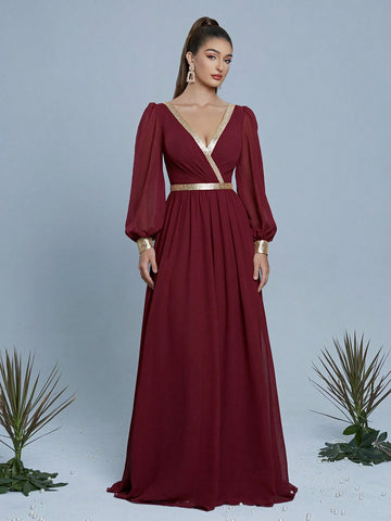 V-Neck Pearl Chiffon Patchwork Gold Material Maxi Formal Dress