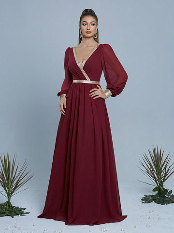 V-Neck Pearl Chiffon Patchwork Gold Material Maxi Formal Dress