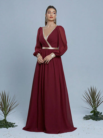 V-Neck Pearl Chiffon Patchwork Gold Material Maxi Formal Dress