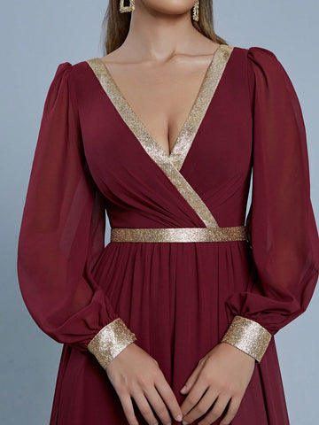 V-Neck Pearl Chiffon Patchwork Gold Material Maxi Formal Dress