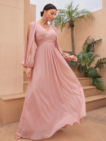 V-Neck Pleated Waist Slit Long Sleeve Chiffon Dress