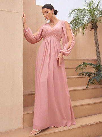 V-Neck Pleated Waist Slit Long Sleeve Chiffon Dress