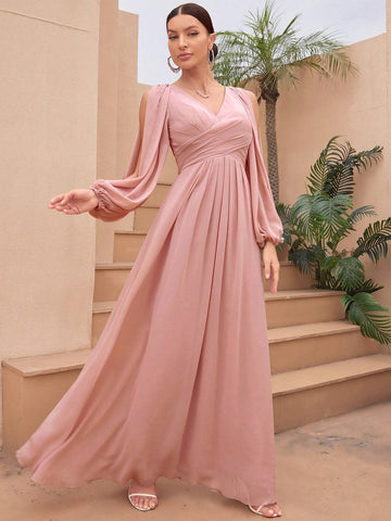 V-Neck Pleated Waist Slit Long Sleeve Chiffon Dress