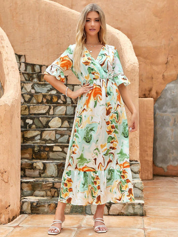 V-Neck Printed Bell Sleeve Layered Hem Bohemian Casual Maxi Dress For Spring/Summer Vacation (Irregular Pattern)