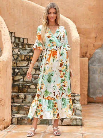 V-Neck Printed Bell Sleeve Layered Hem Bohemian Casual Maxi Dress For Spring/Summer Vacation (Irregular Pattern)