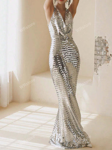 V-Neck Ruched Backless Sequin Embellished Formal Evening Gown For Ladies