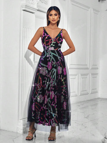 V-Neck Sequins Patchwork Backless Sleeveless Women Cocktail Dress (Heavy Embellished)